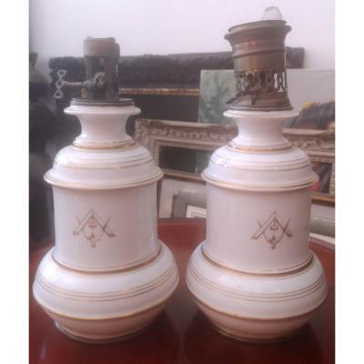 Pair Of White Oil And Gold Lamps With Nineteenth Masonic Decor