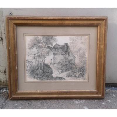 Drawing Thatched Cottage In The Nineteenth Countryside
