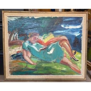 Oil On Canvas "woman Reading Lying On The Grass" Signed A.favory (1888-1937)