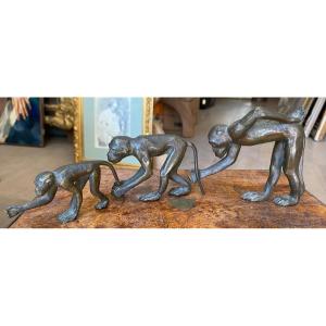 3 Small Bronze Monkey Signed L.ball 1930