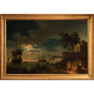 Workshop Of Joseph Vernet, Late XVIIIᵉ Century. View Of A Harbor In The Moonlight With A Campfire
