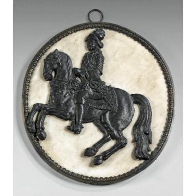 17th Century Period Sign. Cast Iron Horseman In A Marble Medallion