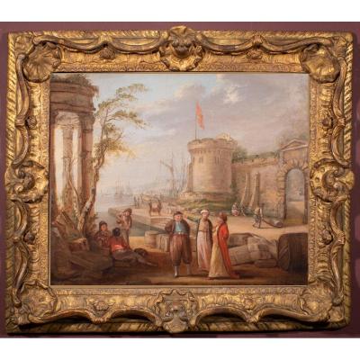 18th Century French School. Oriental Merchants In Front Of A Mediterranean Port