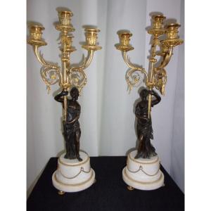 Pair Of Large Candelabras With Bronze Vestals Louis XVI Period Late XVIII Or Early XIX H 62cm