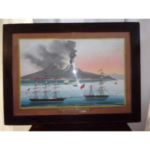 Large Neapolitan Gouache Eruption From 1852 Its Frame, Nineteenth Century