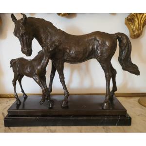 Bronze Sculpture Mare And Her Foal Early 20th Century