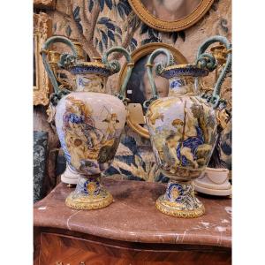 Pair Of Large Majolica Vases Italy 19th Century H57