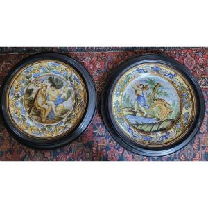 Pair Of Large Majolica Dishes Italy 19th Century Original Frames 