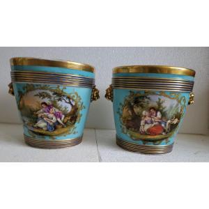 Pair Of Paris Porcelain Flower Pots, Napoleon III Period, 19th Century