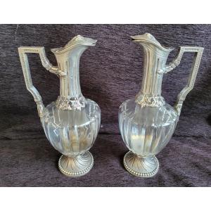 Pair Of Minerva Silver Ewers And Louis XVI Cut Crystal, 19th Century 