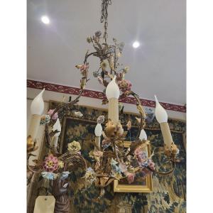 Chandelier Tole Peinte Et Flowers Porcelain C.1900
