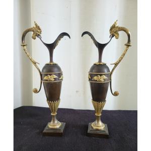 Pair Of Large Gilt And Patinated Bronze Ewers From The Empire Period 