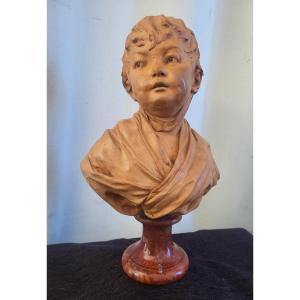 Patinated Terracotta Bust Of A Young Child Signed Houdon, 19th Century 