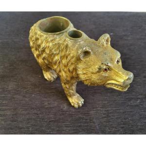 Sculpture Inkwell Bouquet Holder Bear Gilded Metal 19th Century