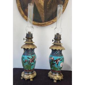 Pair Of Cloisonné Enamel Lamps, Japan, Late 19th Century 