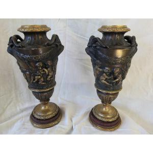 Pair Of Clodion Gilt Bronze Vases, 19th Century