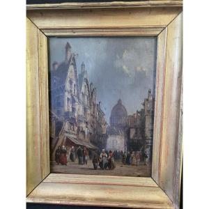 French School, Early 19th Century, Oil On Canvas, View Of A Lively Town 