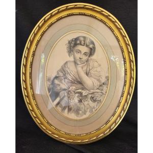 French School, 19th Century Young Girl With A Kid, Pencil, In Its Period Frame