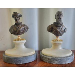 Pair Of Bronze Busts Of Henti IV And Sully, Restoration Period, 19th Century 
