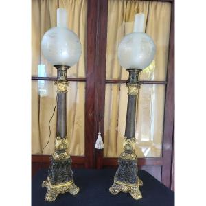 Pair Of Large Carcel Lamps With Mechanism, Restoration Period, H 92cm