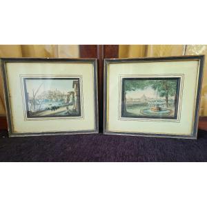  Italian Early 19th Century Pair Of Watercolors Rome And Liguria