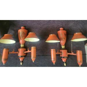 Pair Of Quinquet Wall Lights, Painted Sheet Metal, 19th Century 