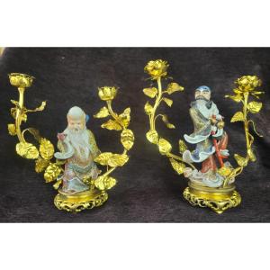 Pair Of Chinese Candlesticks, 18th/19th Century And 19th Century Gilt Bronze