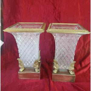 Pair Of Cut Crystal And Gilt Bronze Vases, Restoration Period, 19th Century 