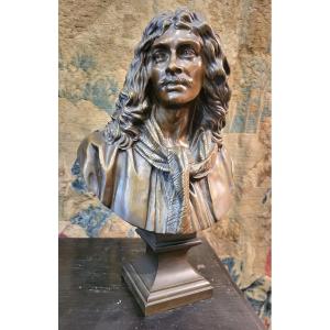 Bronze Bust Of Molière, 19th Century, H32cm