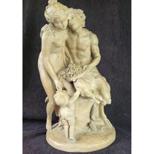 Terracotta Group, Satyr And Bacchantus, Clodion, 19th Century, H 47 Cm