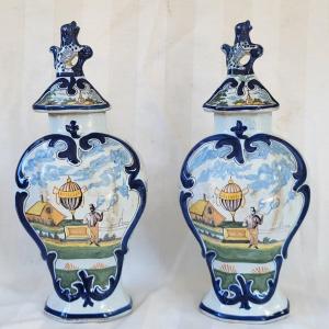 Pair Of Covered Delftware Vases, 19th Century, H35.5cm
