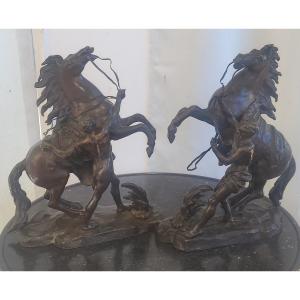 Pair Of Sculptures Horses Of Marly Bronze H42 19th Century