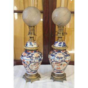 Pair Of Imari Lamp Pots Japan 19th Century Gilt Bronze Mounting