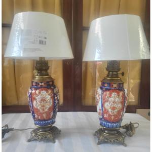 Pair Of Lamps Imari Porcelain Japan Late 19th Elect. H 74