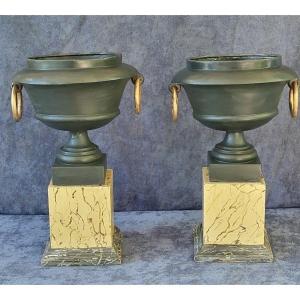 Pair Of Jardinière Cassolettes In Tole From The Empire Period, Early 19th Century H40cm