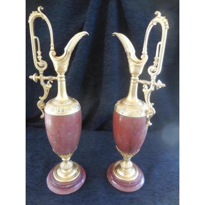 Pair Of Ewers Ornament Bronze Marble Nineteenth Time