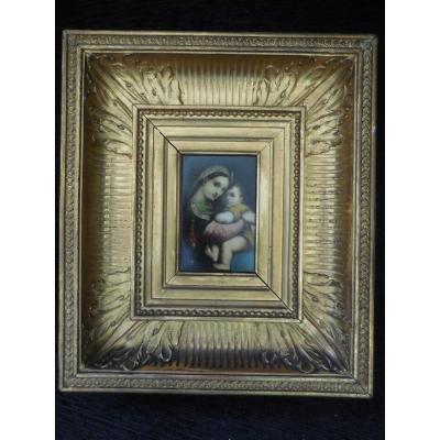 Oil On Panel The Virgin With The Chair XIXth Century Frame