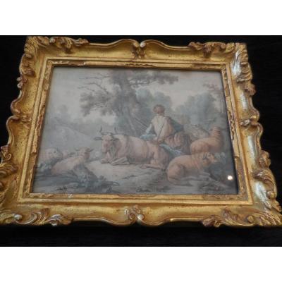 Watercolor Signed Girardin And Dated 1784 Pastoral Eighteenth Time M Golden Wood Frame