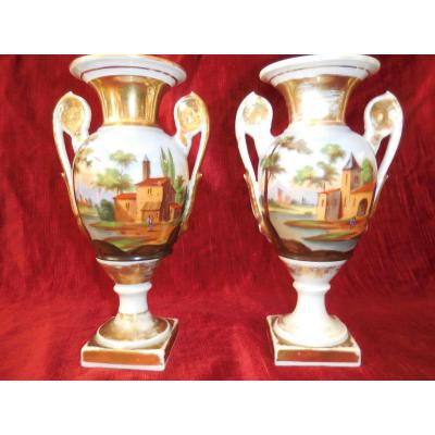Pair Of Porcelain Vases Handles Paris XIX Start Em Tbe H 22.cm