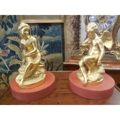Pair Of Subjects In Gilt Bronze Eighteenth Century Emfalconnet
