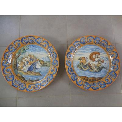 Pair Of Large Dishes In Italian Majolica Amphitrite And Poseidon XIX Be Diam 45cm
