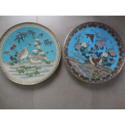 Pair Of Large Dishes In Cloisonné Japan Nineteenth Diam.45cm Be