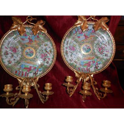 Pair D Appliques Canton Porcelain And Gilt Bronze XIX Eme S