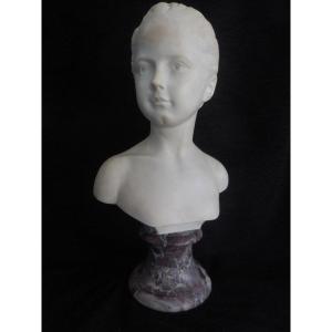 Bust Of Young Girl White Marble On Pedestal Nineteenth Time Sht52cm