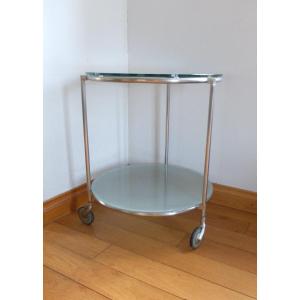 1970 Stainless Steel Pedestal Table, With Two Glass Trays