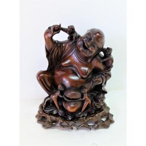 Laughing Buddha With 5 Monkeys In Carved Wood, China 20th Century