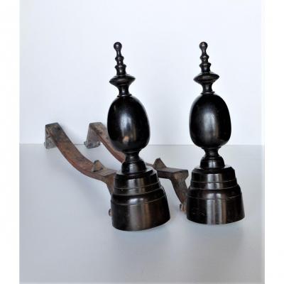 Old Pair Of Andirons In Iron And Bronze, 19th Century