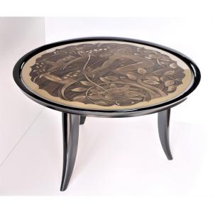 Art Deco Period Pedestal Table, Glass Top Signed Marx With Diana Huntress Decor