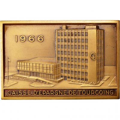 Plaque Or Medal Bronze Tourcoing Savings Bank 1966