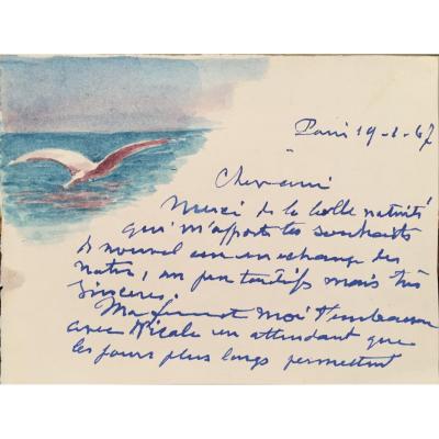 Henry De Monfreid, Autograph Greeting Card With Watercolor